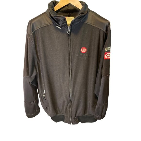 Vintage 90s Ecko Unltd Black Shiny Nylon Arm Patch Full Zip Jacket Sz M - Picture 1 of 12